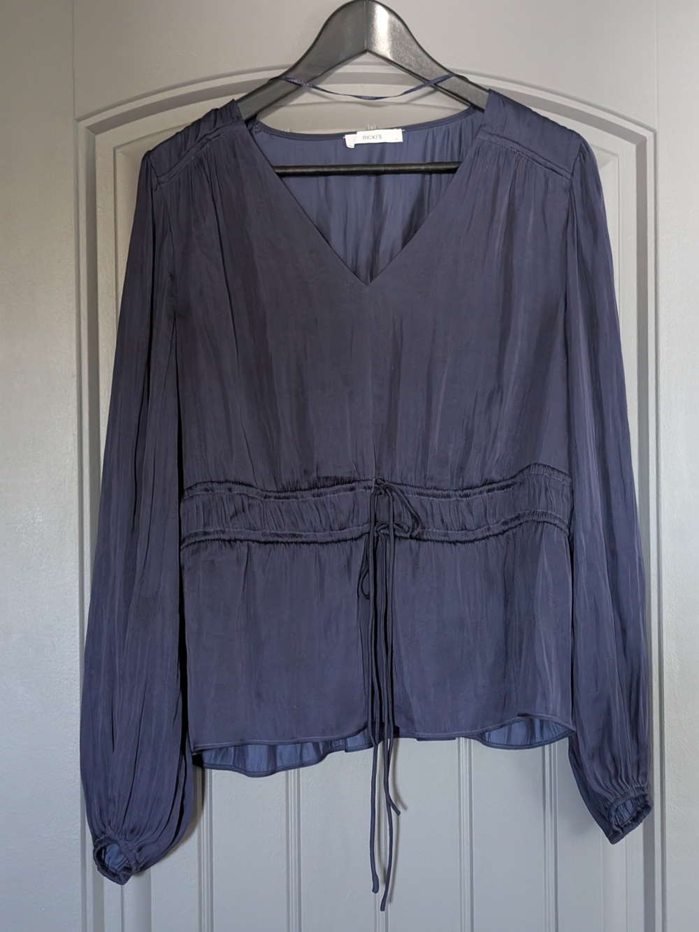 Theory Dark Navy V-Neck Long Sleeve Drawstring Blouse